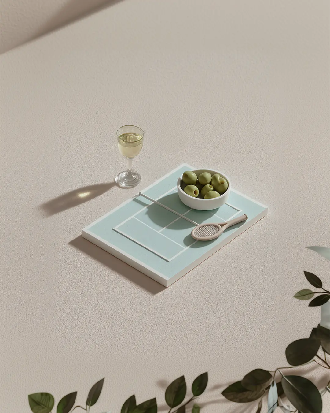 A pastel scene featuring a small tray styled like a tennis court, with a glass of white wine and a bowl of green olives, surrounded by soft shadows and leaves.