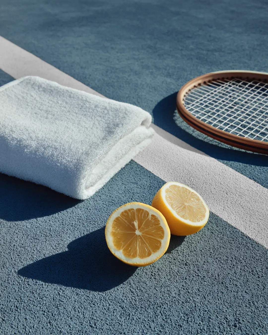 Close-up of halved lemons, white towel, and wooden tennis racket on a blue tennis court line, capturing minimal pre-match ritual aesthetics