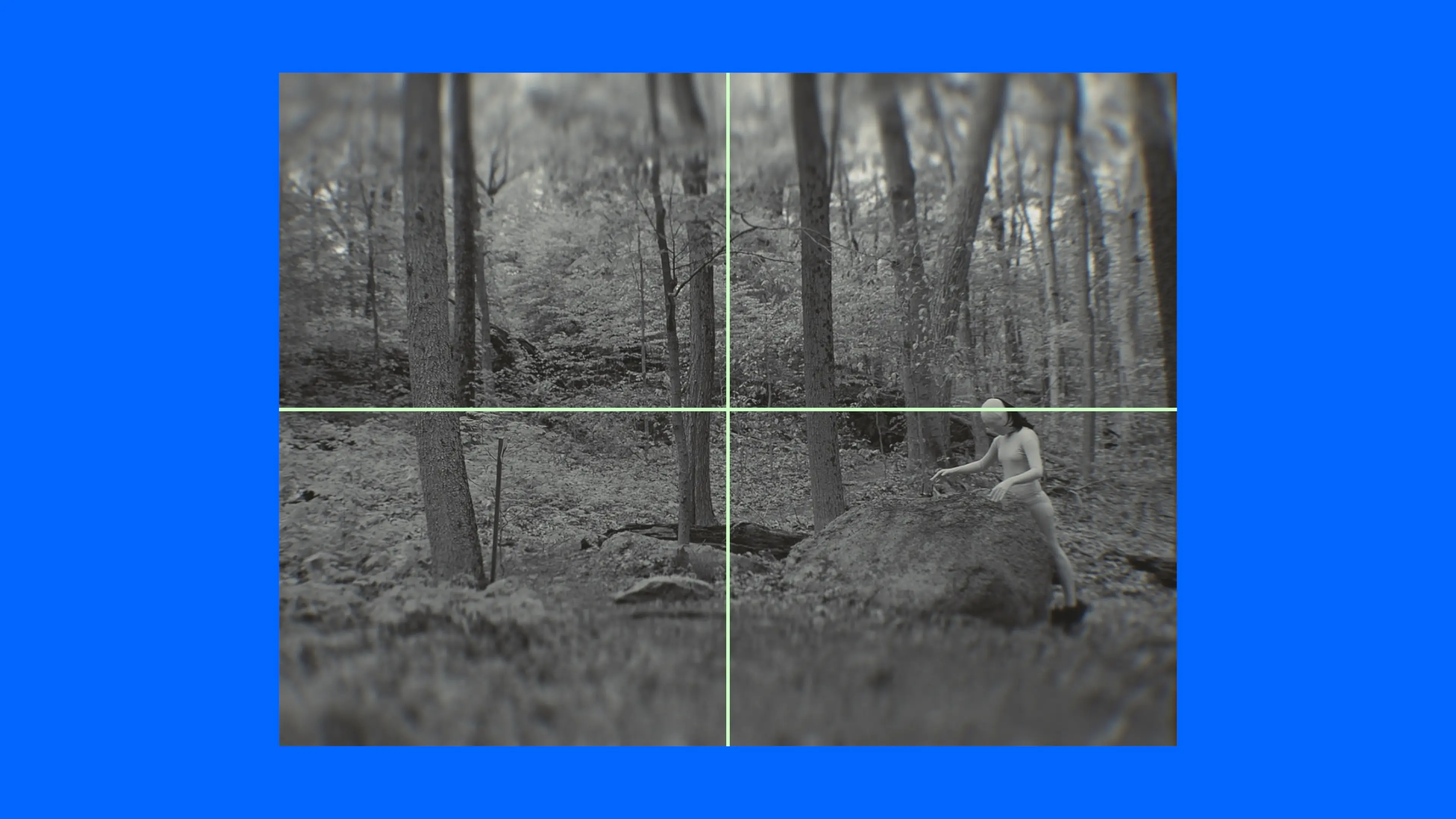 Still from the three-channel video installation “Calming Signal” by Korean artist Im Youngzoo, showing a performer interacting with a forest environment. Presented at Frieze Seoul 2025 as part of the Artist Award exhibition.