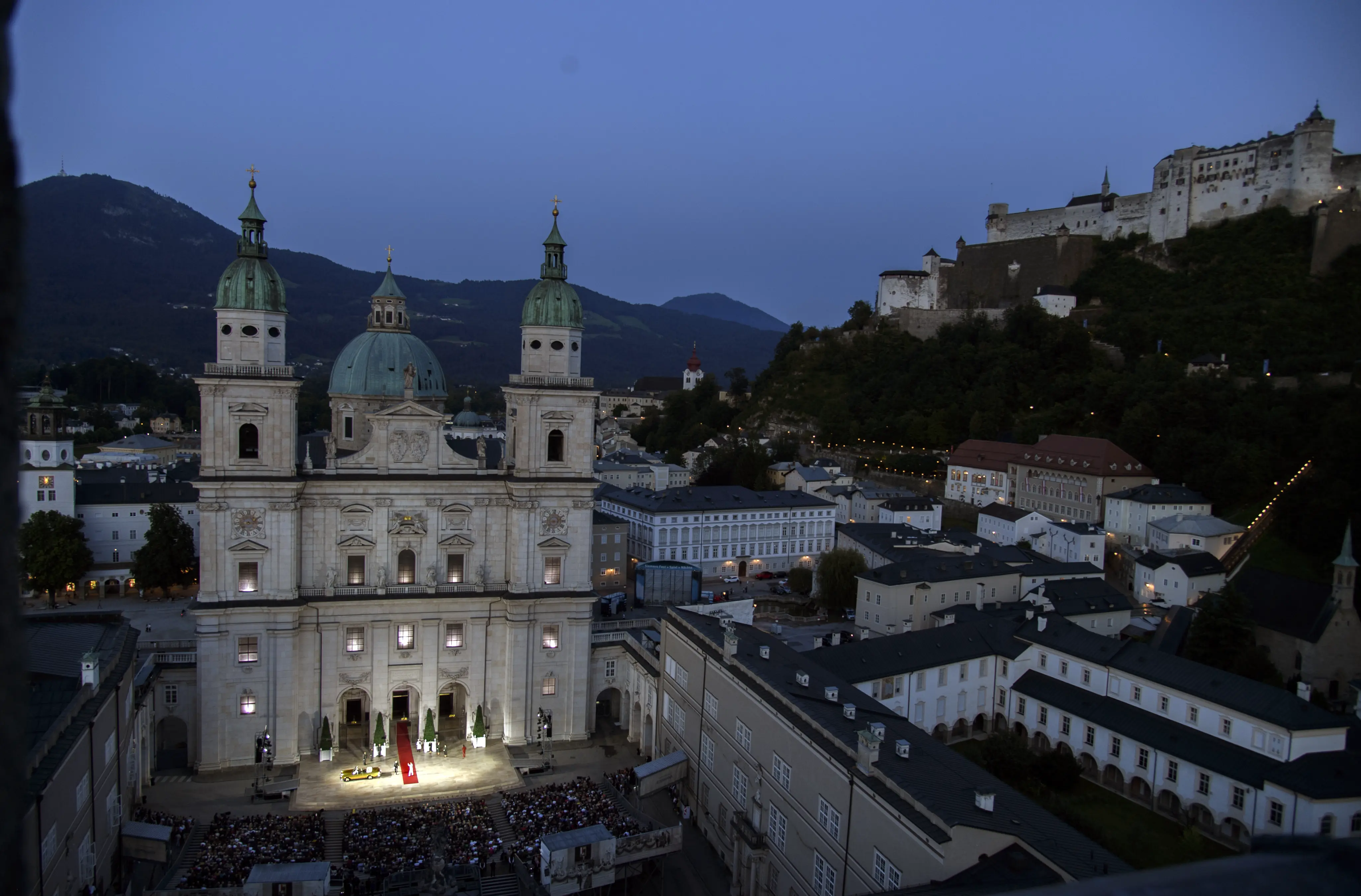Outdoor theater stage set up in front of Salzburg Cathedral during the Jedermann performance at Salzburg Festival.