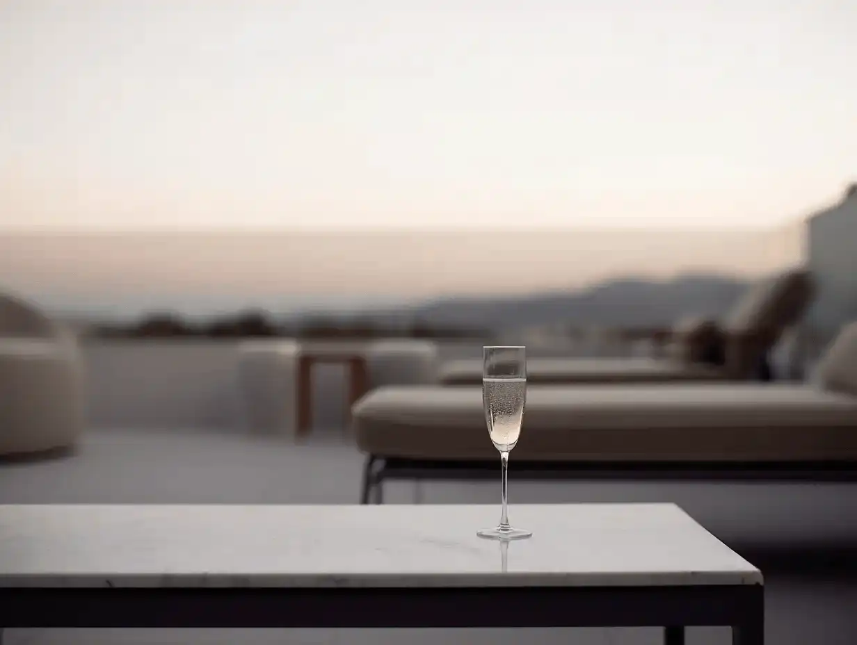 A single champagne flute on a marble table at an elegant rooftop lounge during sunset, symbolizing exclusivity and refined social gatherings.