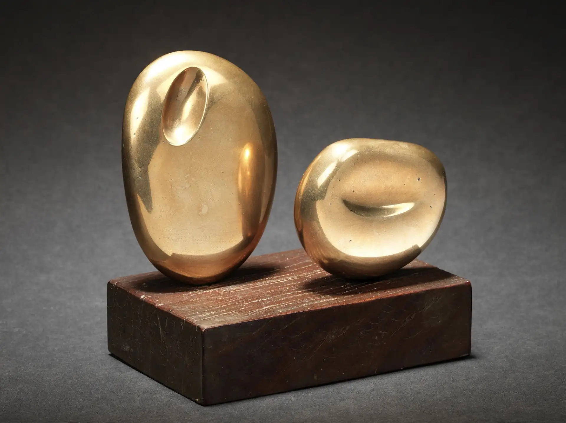"Two Forms (Atlantic), 1961" – a polished bronze sculpture by Dame Barbara Hepworth featuring two smooth, abstract ovoid forms on a wooden base, reflecting light against a dark background.