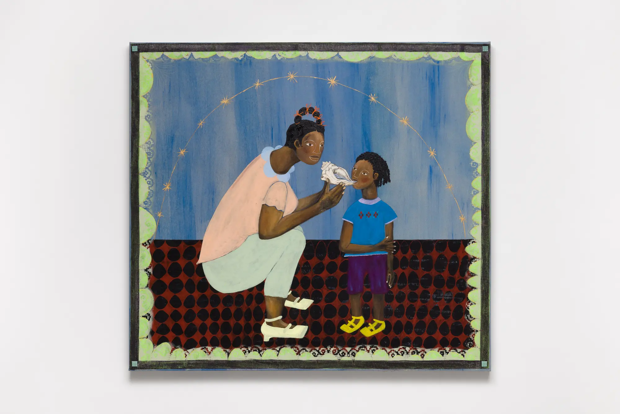 Painting Primeiras Palavras (2024) by artist Larissa de Souza, depicting a tender moment between a woman and child sharing a seashell, rendered in warm colors and symbolic patterns, exhibited at 1-54 Contemporary African Art Fair London 2025.
