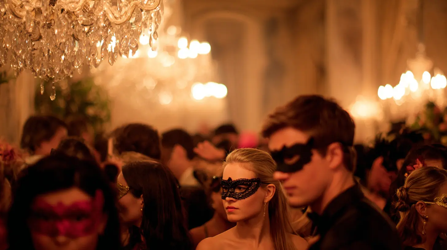 Guests in ornate black and gold masks gather under crystal chandeliers during an elegant masquerade ball in a grand European hall.