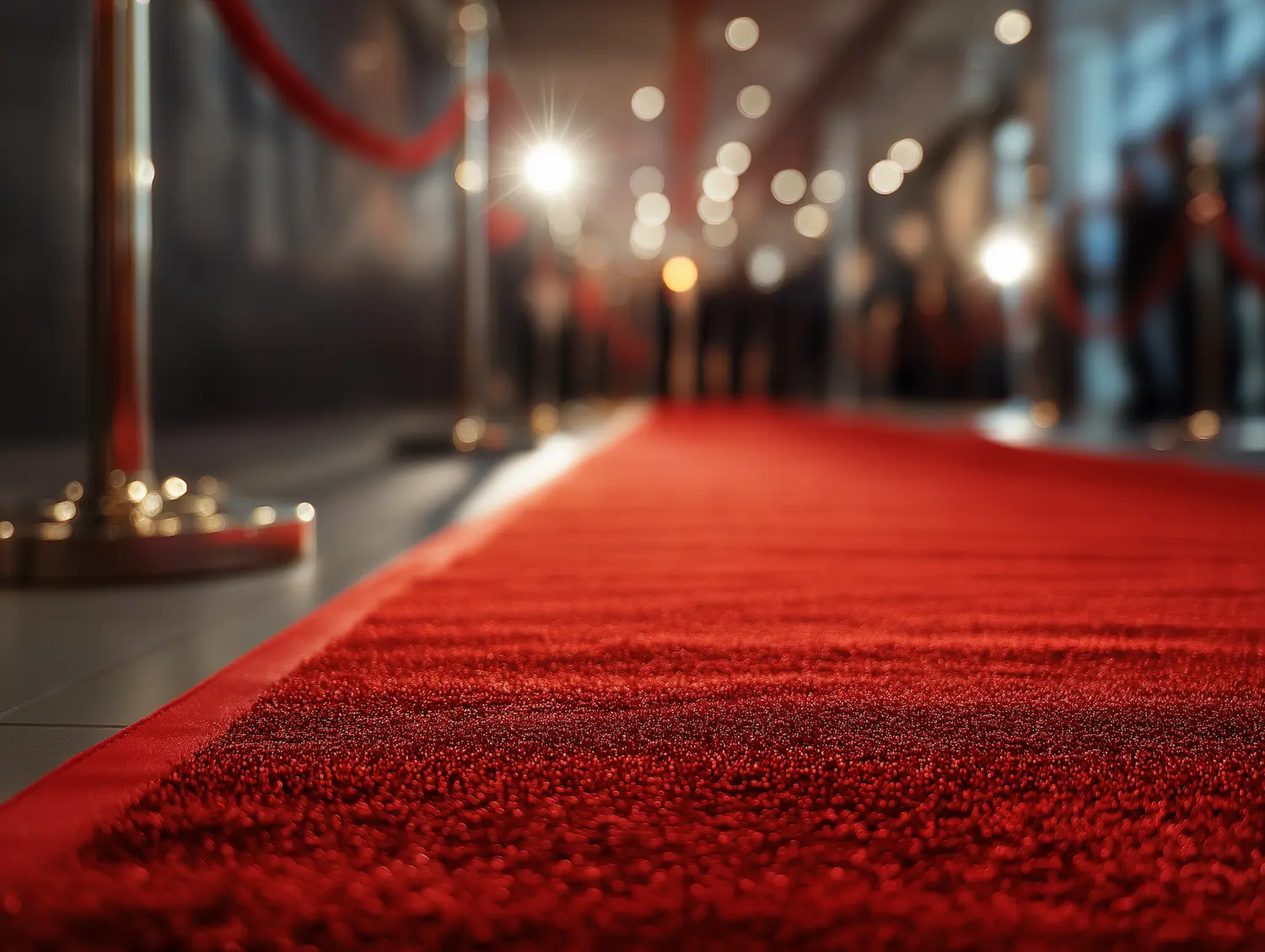 Close-up view of a luxurious red carpet lined with golden stanchions and velvet ropes, illuminated by soft event lighting at an elegant evening occasion.