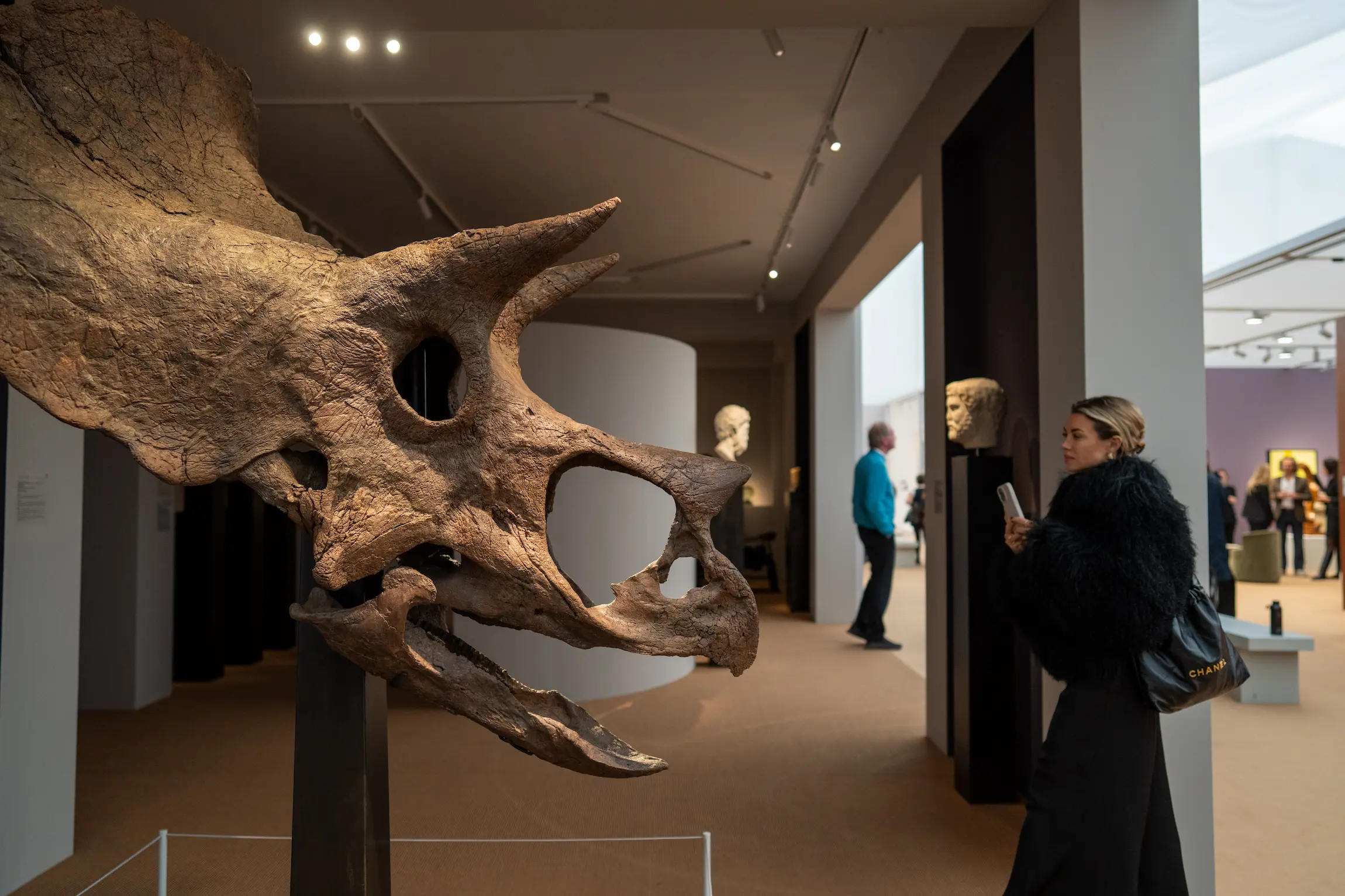 Visitor observing a dinosaur skull exhibited by David Aaron at Frieze Masters 2025 in London.