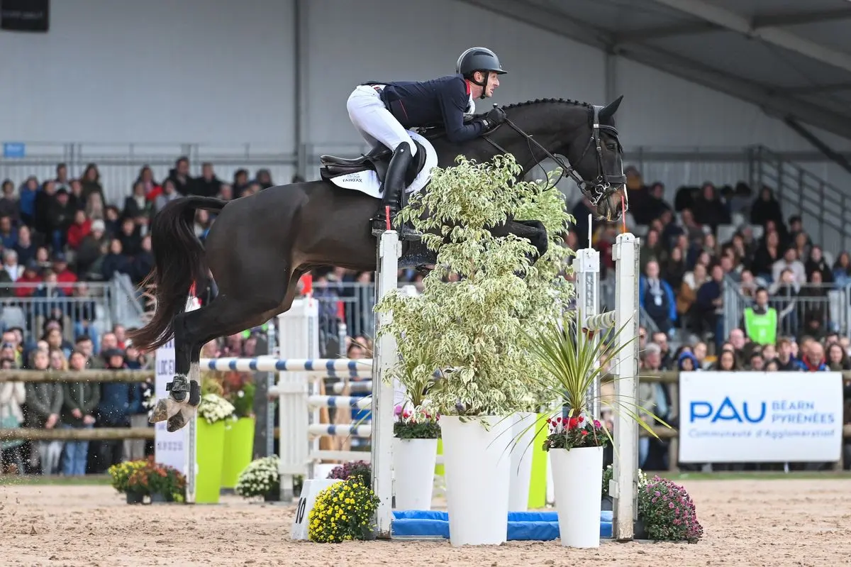A rider and horse clear an obstacle during the show jumping phase at Les 5 Étoiles de Pau 2025, France’s prestigious CCI5*-L equestrian event held at the Domaine de Sers in the French Pyrenees.