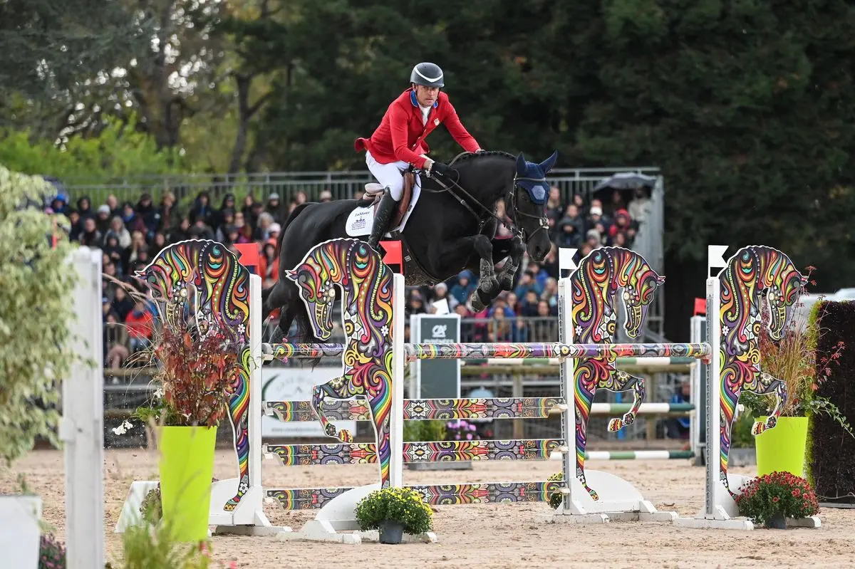 A rider in a red jacket competes in the show jumping phase at Les 5 Étoiles de Pau 2025, soaring over colorful horse-shaped obstacles before a captivated audience at France’s premier five-star equestrian event.