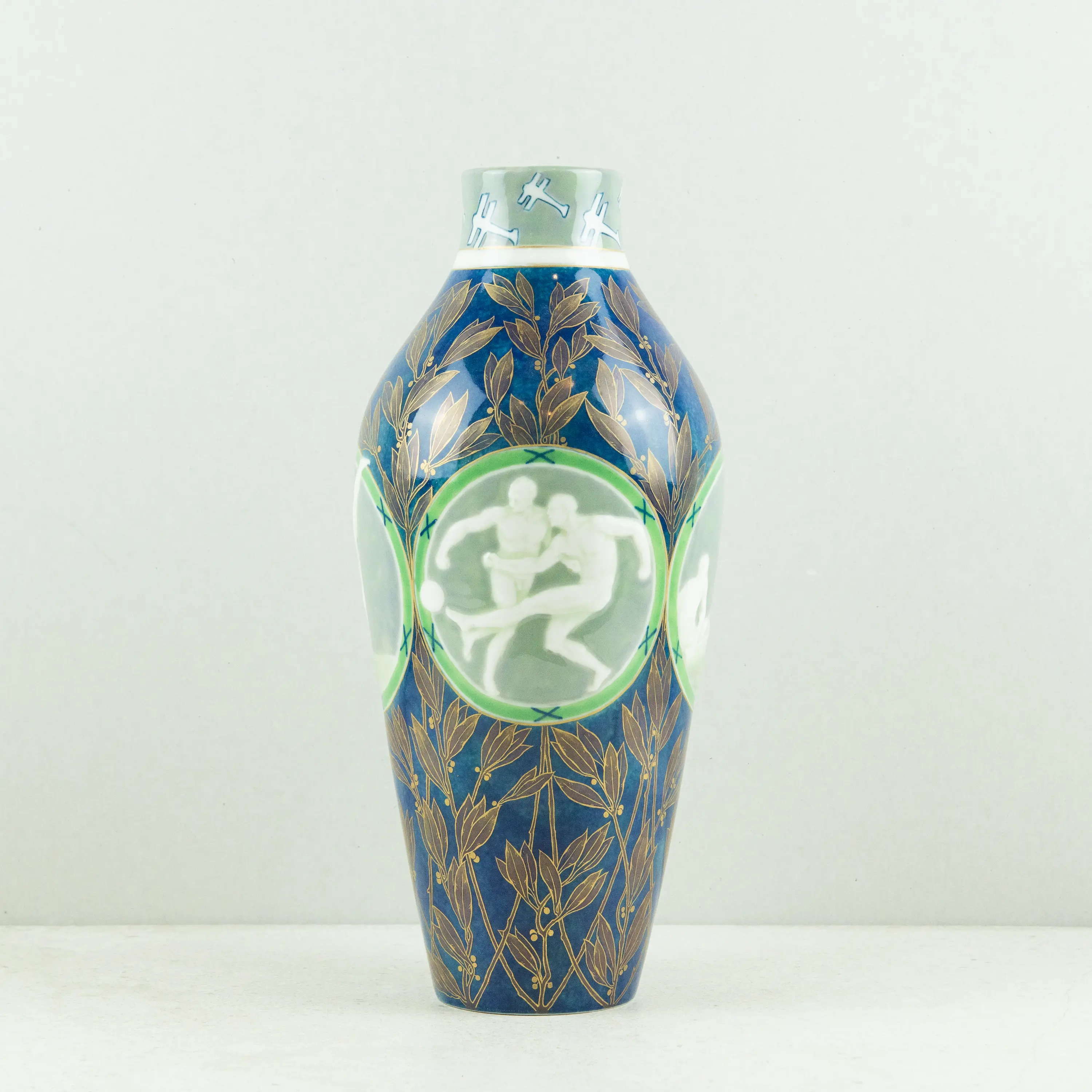 A rare Sèvres porcelain vase designed by M.O. Guillonet and executed by Bracquemond for the 1924 Paris Summer Olympics, exhibited by Serhat Ahmet at LAPADA 2025.