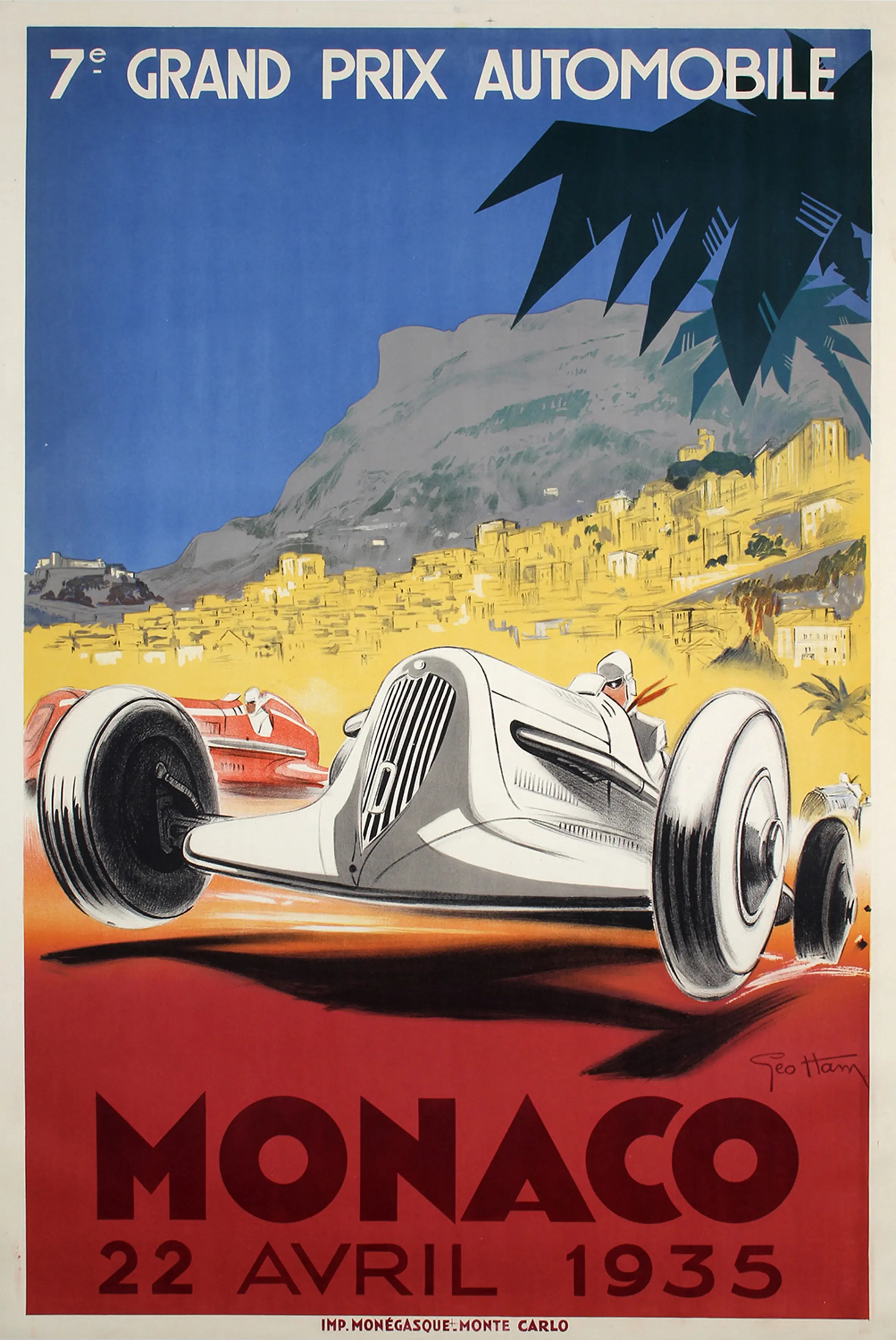 Vintage poster for the 7th Monaco Grand Prix Automobile on April 22, 1935, illustrated by Geo Ham, featuring classic racing cars speeding along the Monte Carlo coastline with a bold Art Deco design.