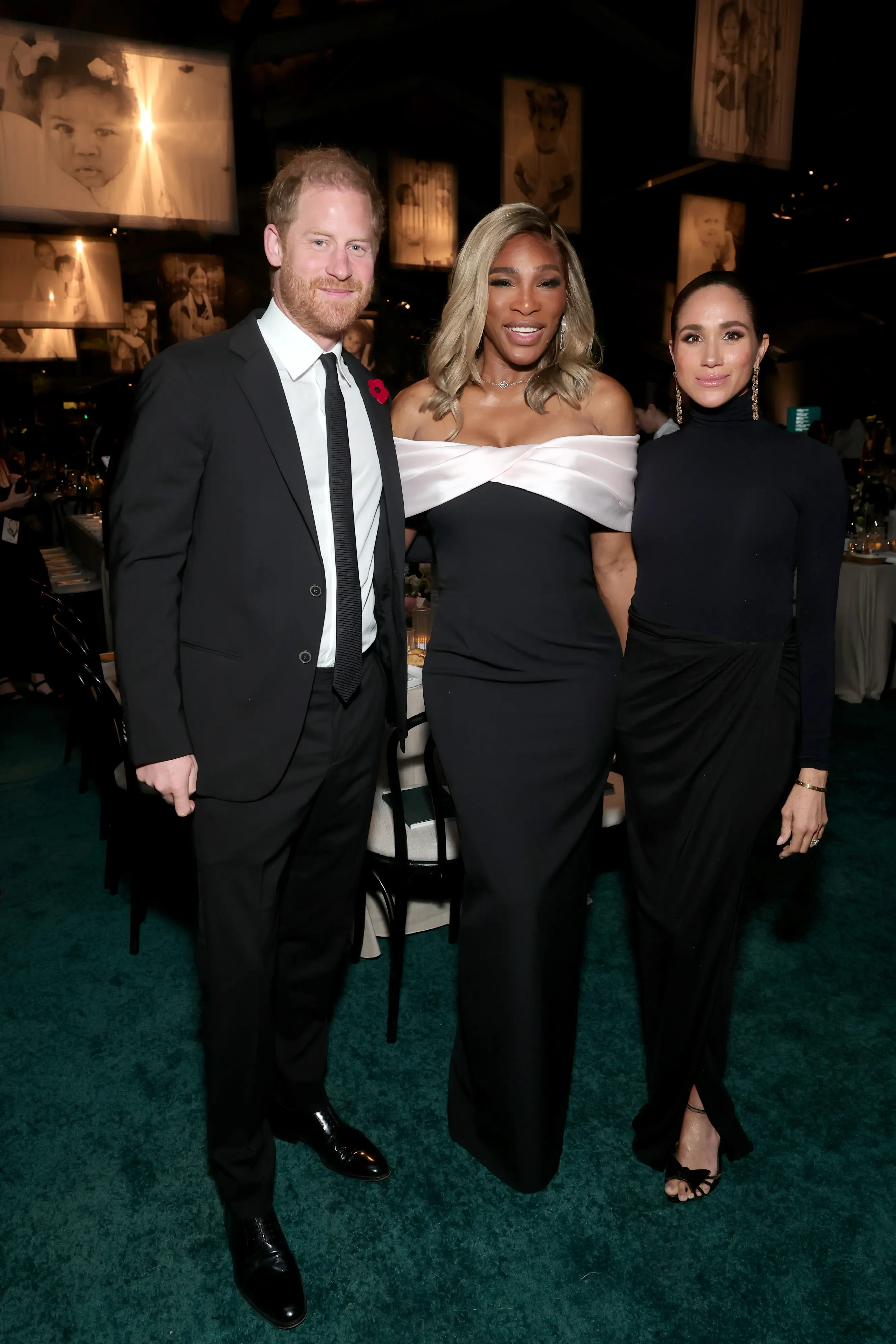 Serena Williams poses with two guests during the 2025 Baby2Baby Gala at the Pacific Design Center in West Hollywood, celebrating a night of philanthropy and glamour.