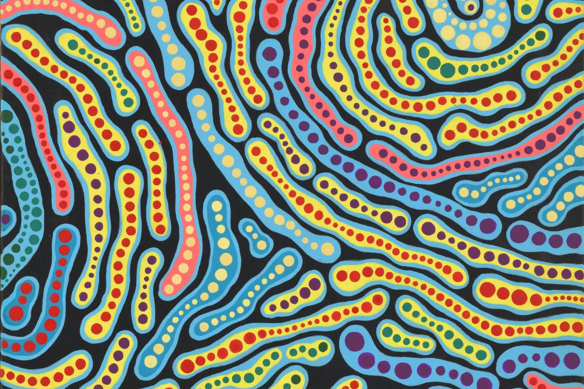 Yayoi Kusama's Rain City painting from 1987 featuring colorful flowing infinity nets pattern with polka dots on canvas