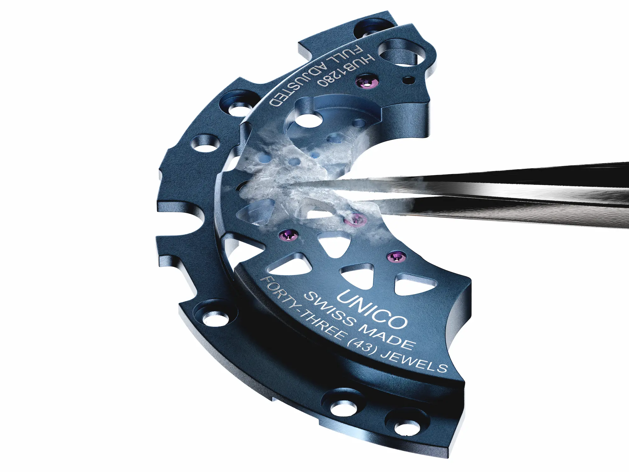 Close-up of Hublot UNICO HUB1280 movement showing intricate blue snowflake-shaped oscillating weight, Swiss made inscription, 43 jewels, ruby bearings, precision watchmaking craftsmanship winter collection