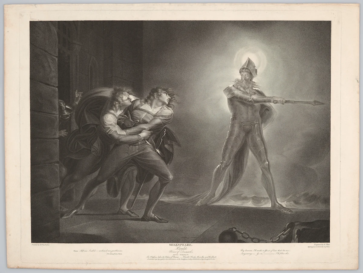 Dramatic 19th century mezzotint engraving depicting ghost scene from Shakespeare's Hamlet showing armored ghost with halo appearing to frightened guards holding weapons in dark castle interior