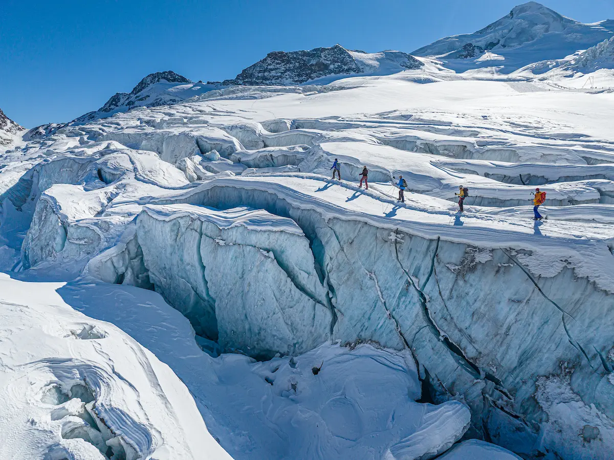 Roped group of glacier trekkers navigating dramatic blue ice crevasses and seracs on Fee Glacier at Saas-Fee with expert mountain guide under clear blue sky and four-thousanders peaks backdrop
