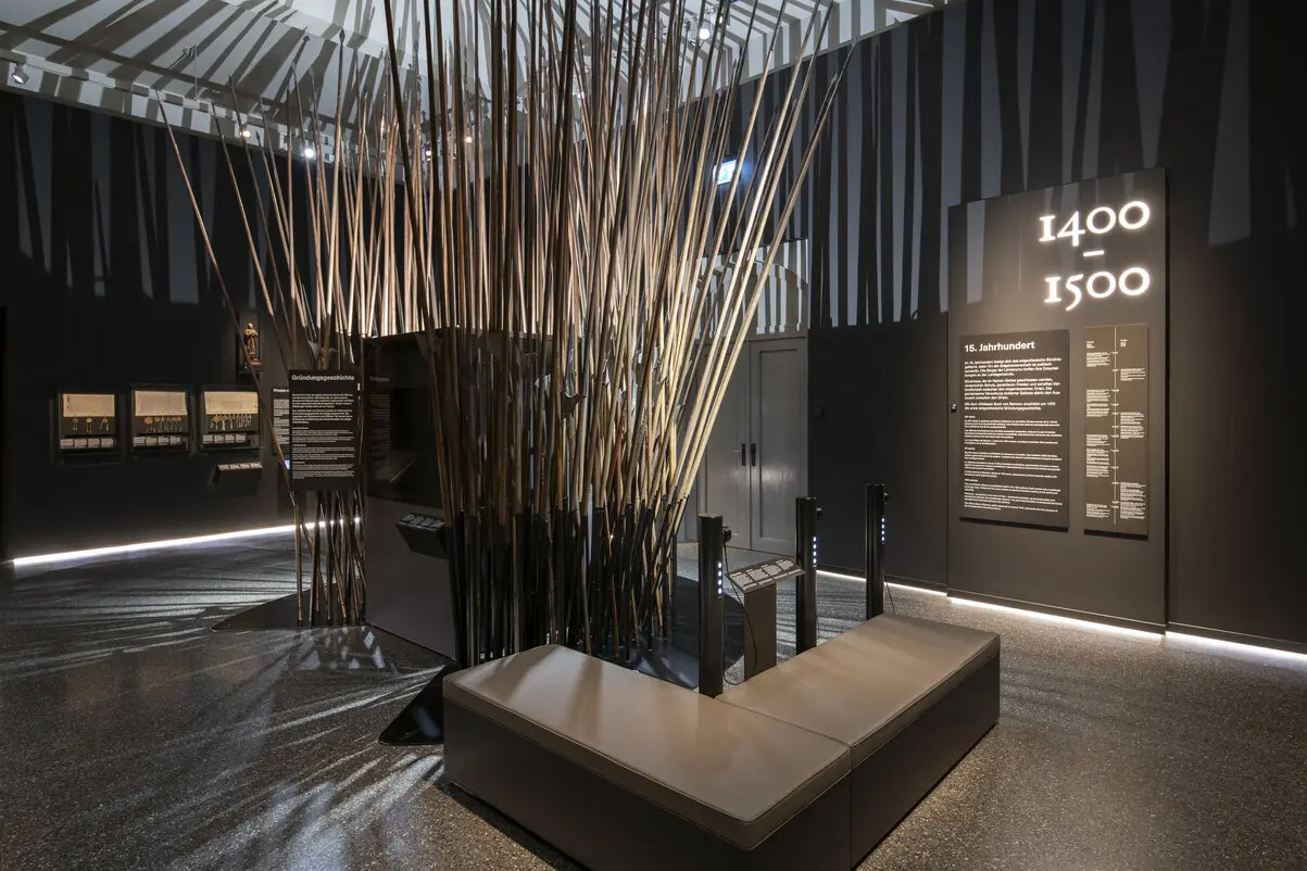 matic History of Switzerland exhibition at Landesmuseum Zürich displaying medieval Swiss pike weapons from 1400-1500 period