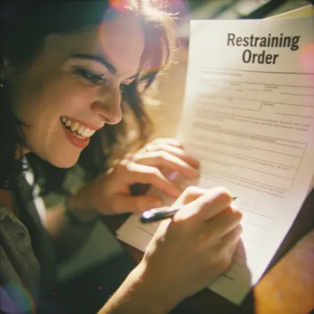Woman Completing a restraining order form for filing at the Larson Justice Center. She is laughing, ready to bring pain to a wrongly accused man.