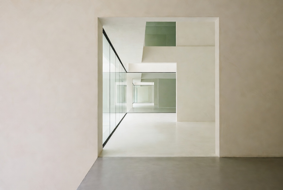 Minimalist weißer Raum mit rechteckigen Durchgängen und Glaswänden in moderner Architektur.