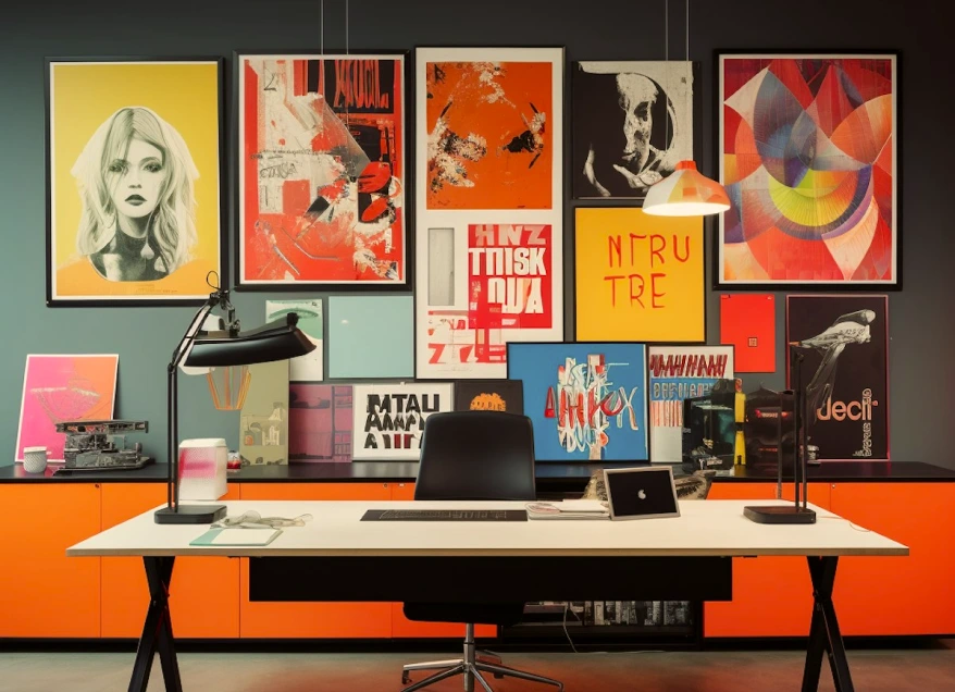 Modern office desk with black chair, desk lamps, laptop, and colorful abstract and portrait art on a gray wall with orange cabinets below.