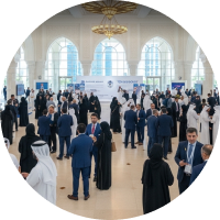 Group of diverse people in formal attire networking in a bright, spacious venue with tall arched windows and chandeliers.