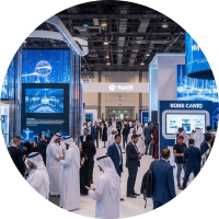 Crowd of people, many in traditional Middle Eastern attire, at a busy technology exhibition with large digital displays and company booths.