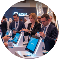 People interacting with digital kiosks displaying touchscreens at a professional event or conference.