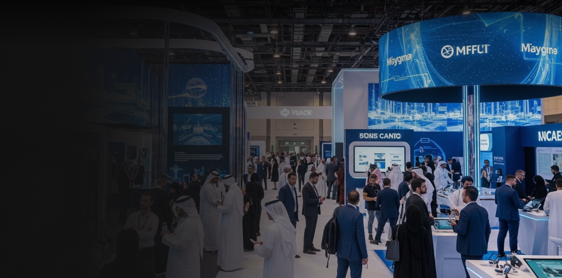 Exhibition hall with attendees exploring booths and digital event technology solutions. 