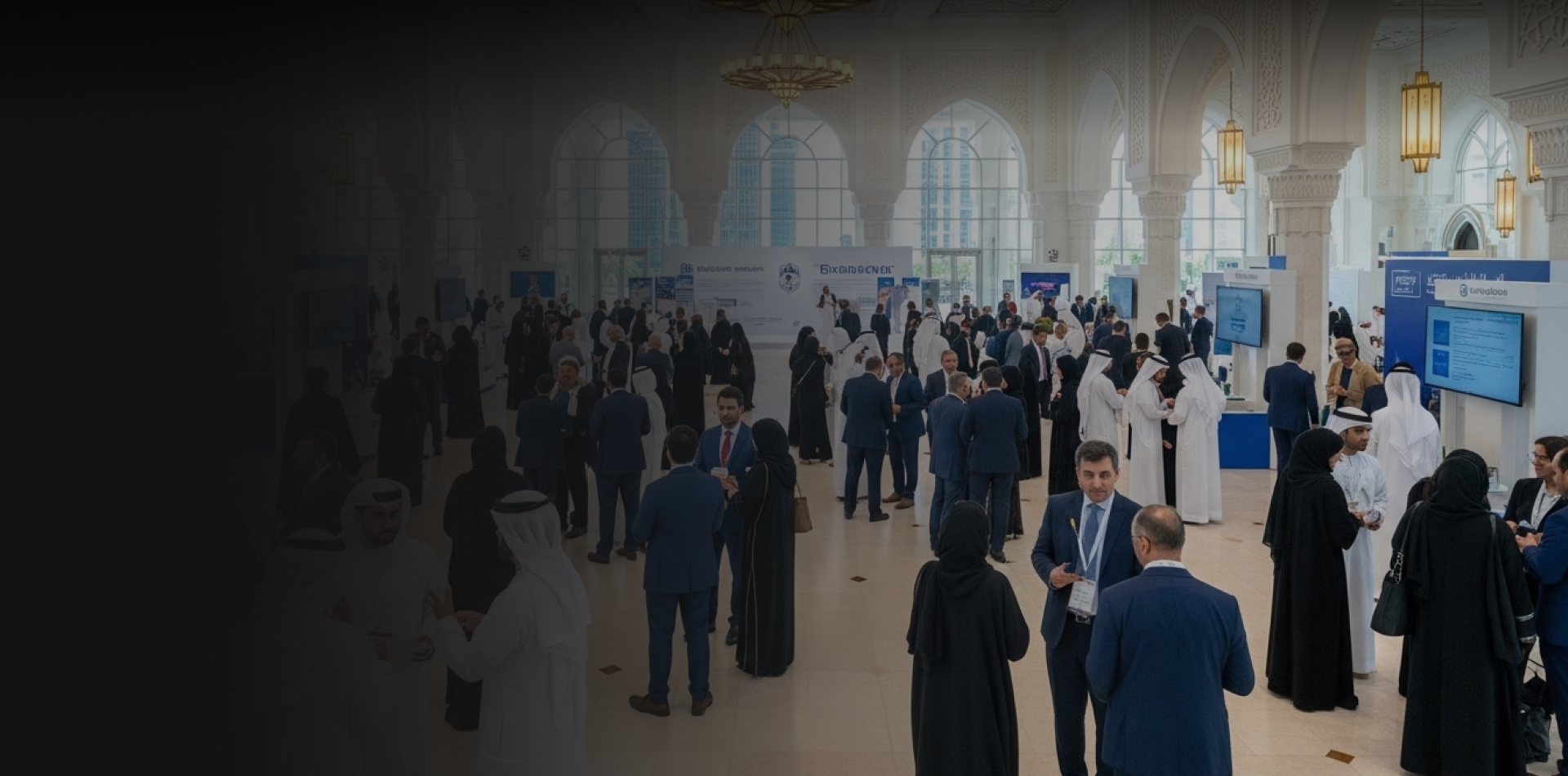 Large business event crowd networking in conference hall with smart event management solutions. 