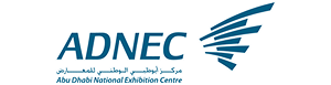 ADNEC Abu Dhabi National Exhibition Centre logo with stylized blue wing graphic.
