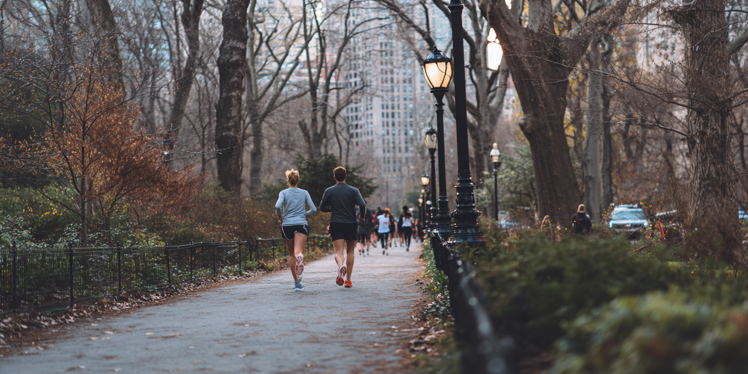 Woman jogging on a park trail with a city skyline in the background.