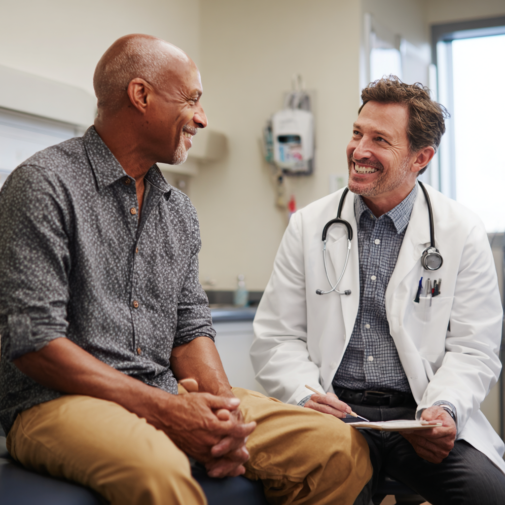 Smiling woman in a striped shirt looking at her phone while working on a laptop at a cozy, well-lit indoor space.