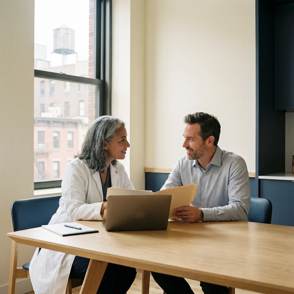 A PrimaryMD physician reviews a care plan with a member during an ongoing primary-care visit.