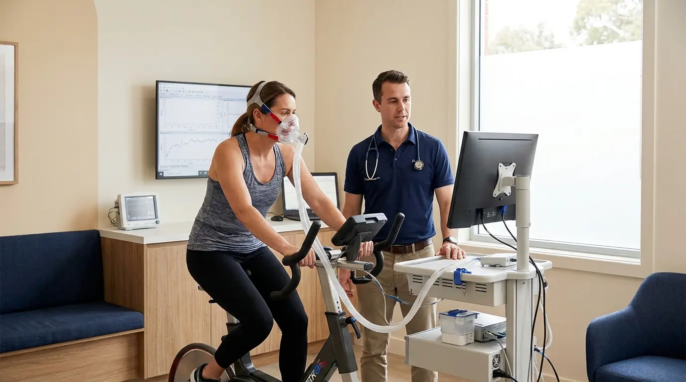 A PrimaryMD exercise physiologist guides a member through a functional strength assessment.