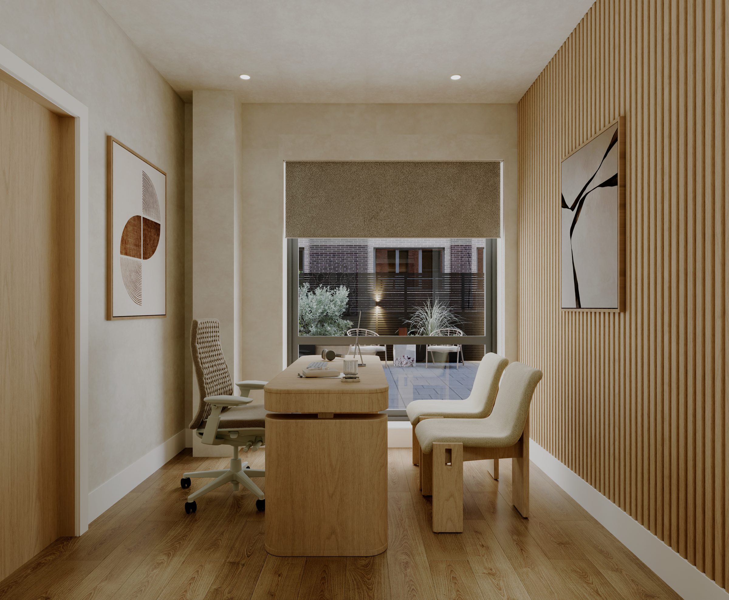 A PrimaryMD SoHo physician office with a desk, two chairs, and a window onto the terrace