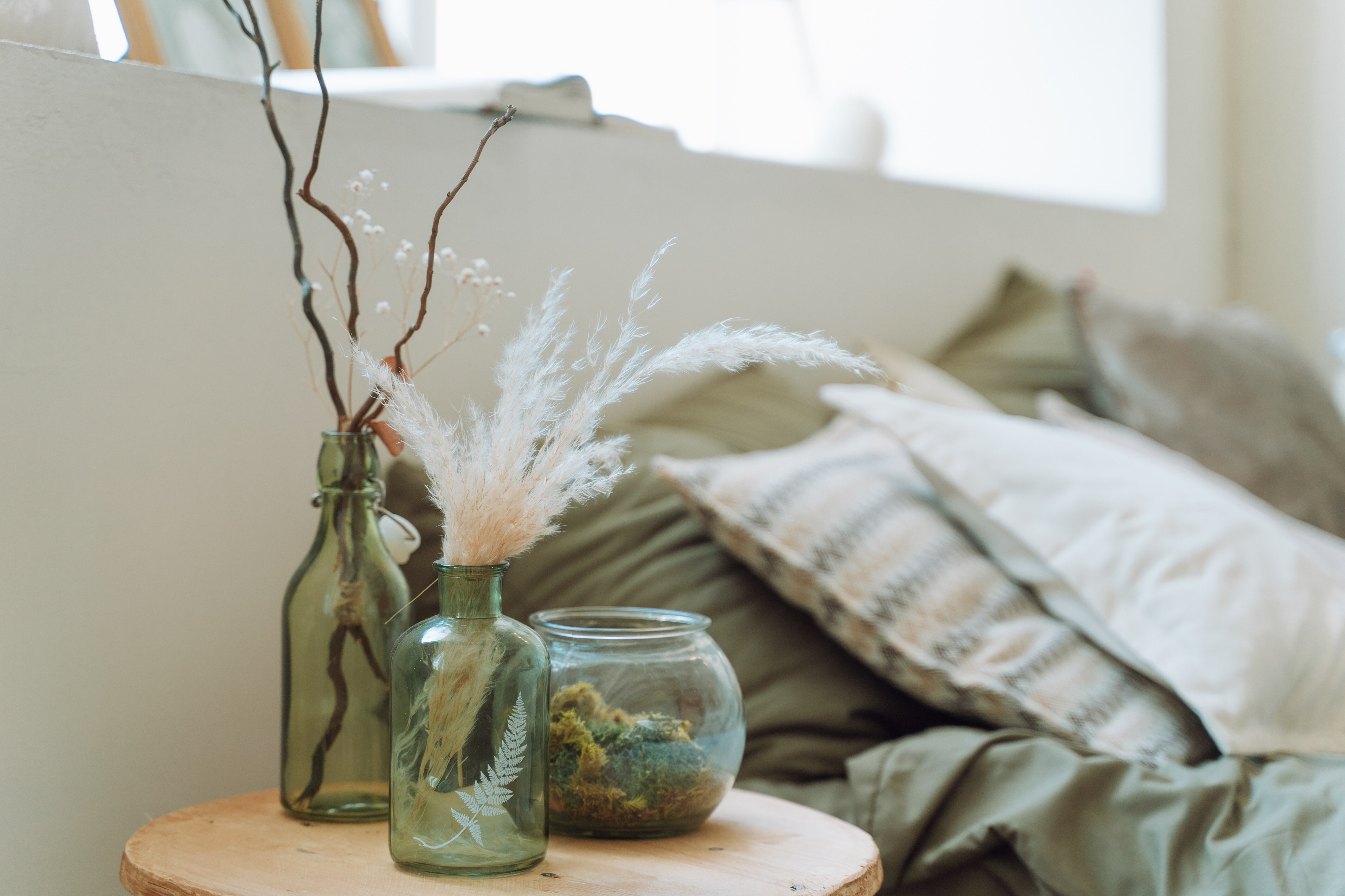 bed and night stand stock image