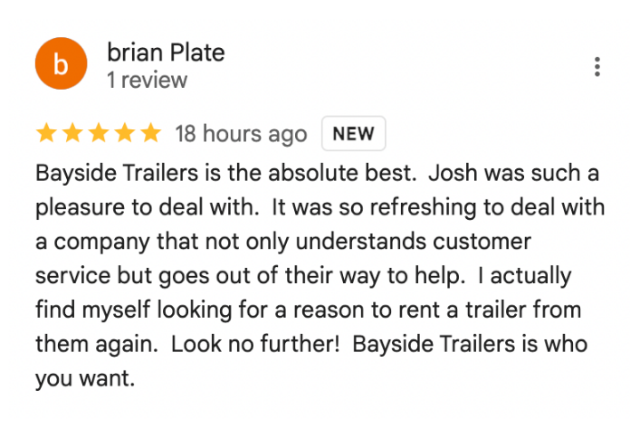 Google Review text sharing customer's 5 star experience.