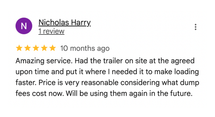 Google Review text sharing customer's 5 star experience.
