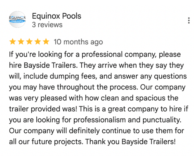 Google Review text sharing customer's 5 star experience.