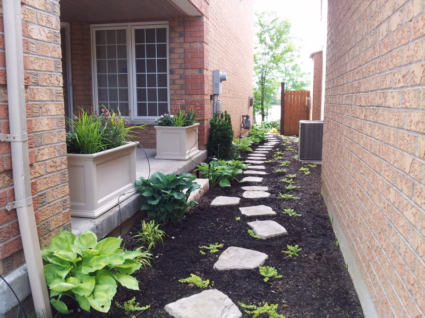 Stepping Stones through black mulch on the way to the backyard