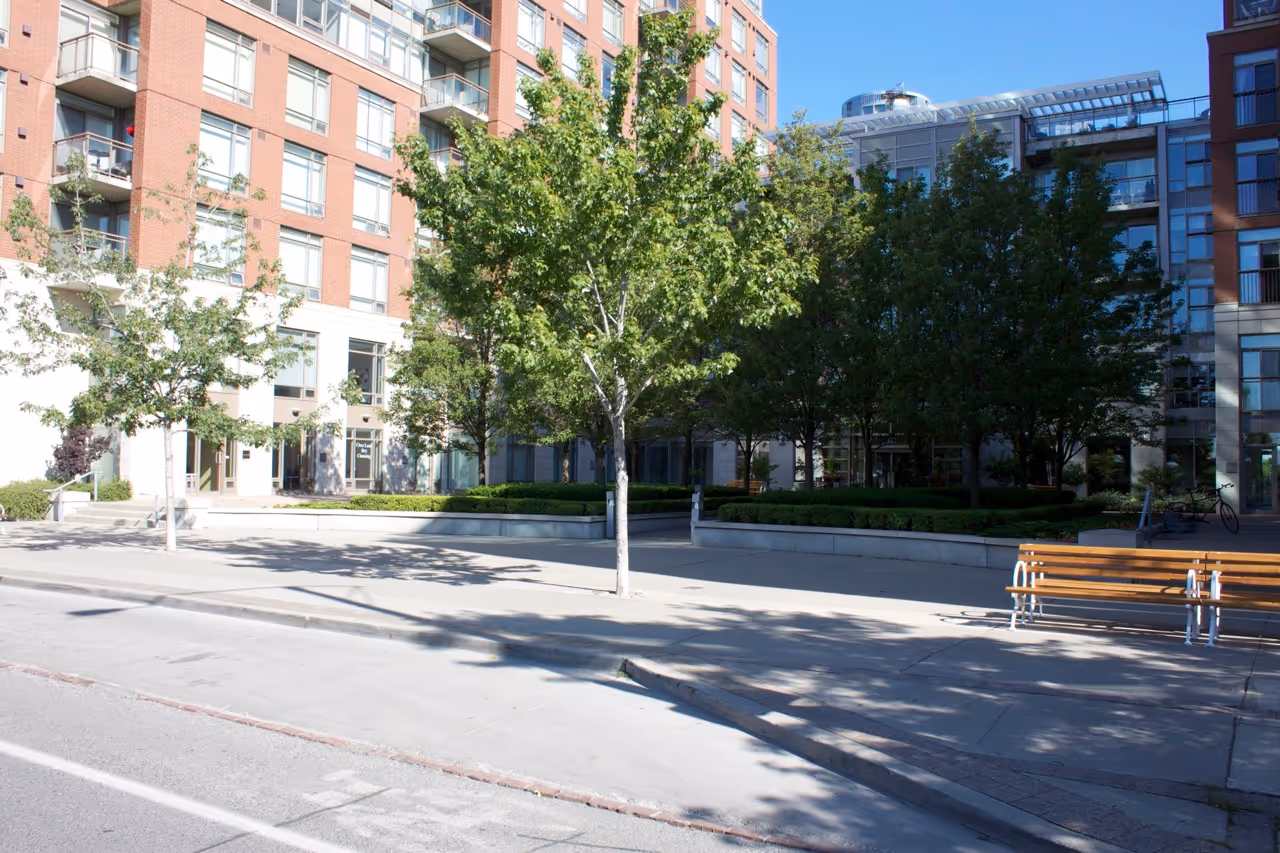 Public benches in the city create places for residents to sit in the well maintained landcare spaces