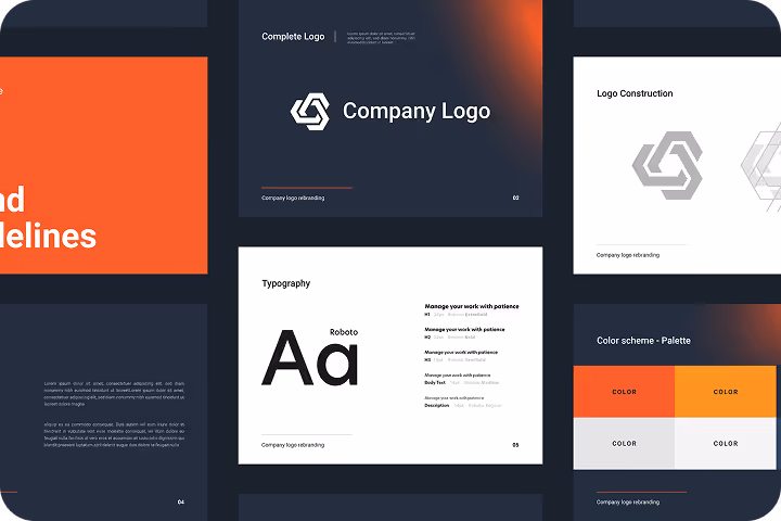 Brand guidelines: logo, typography (Aa), color palette.