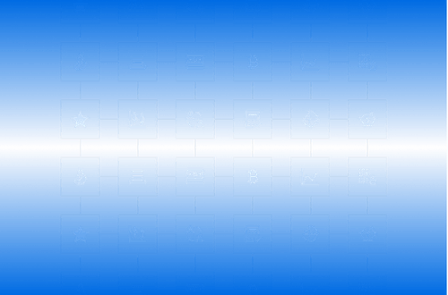 Abstract flowchart with interconnected translucent blue squares containing various white icons like stars, graphs, Bitcoin symbol, piggy bank, and binary code on blue background.