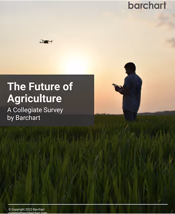 Silhouette of person using a mobile device in a field at sunset with a drone flying nearby, titled 'The Future of Agriculture: A Collegiate Survey by Barchart'.