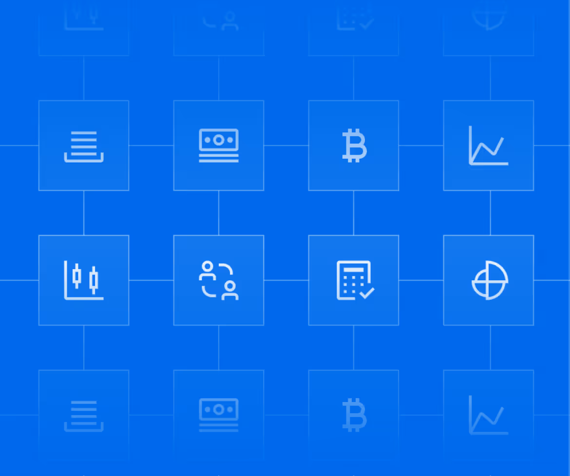 Blue grid background with white business and finance icons including charts, bitcoin symbol, calculator, and people.