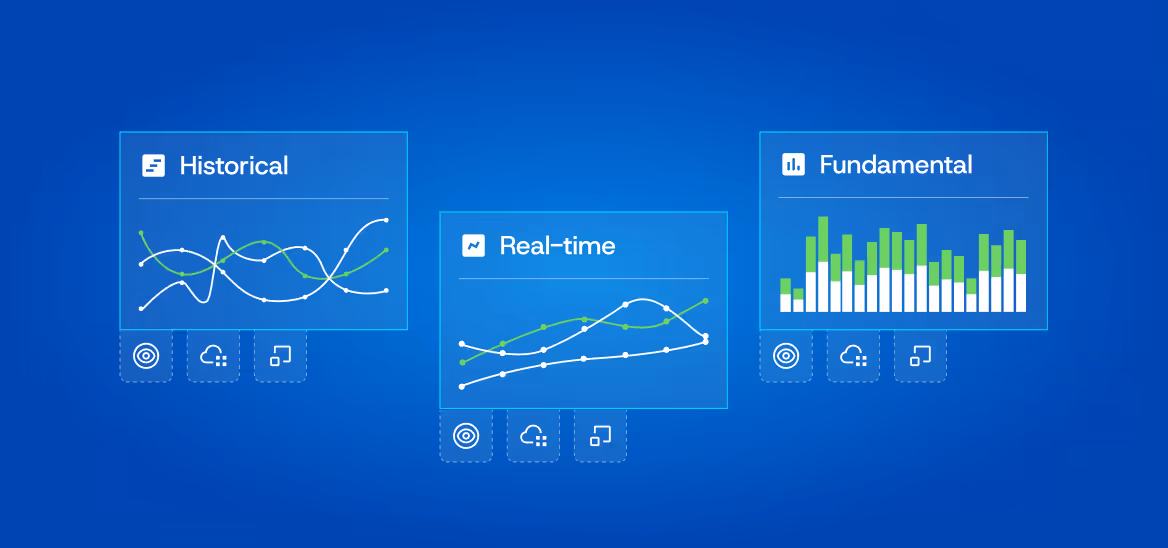 Three blue panels labeled Historical, Real-time, and Fundamental showing various line and bar charts with white and green data points on a blue background.