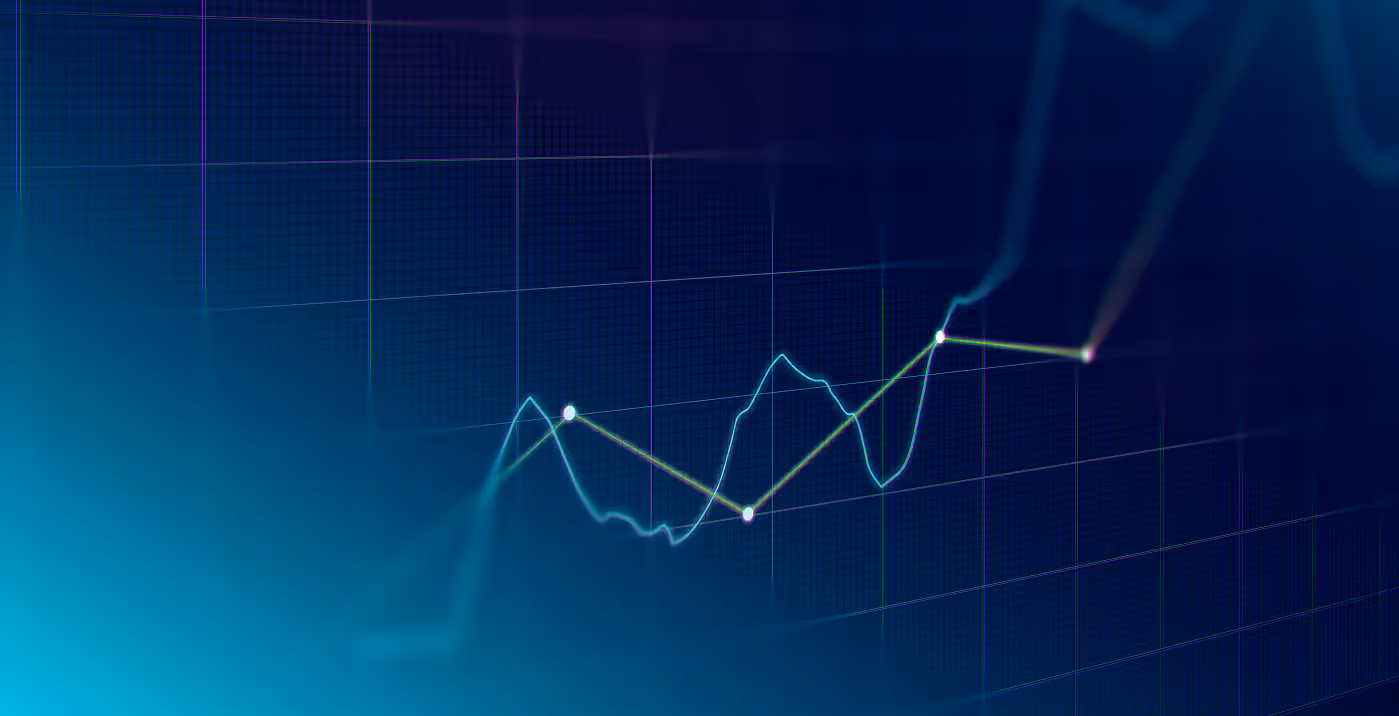 Glowing blue and green line graph with data points on a dark grid background.