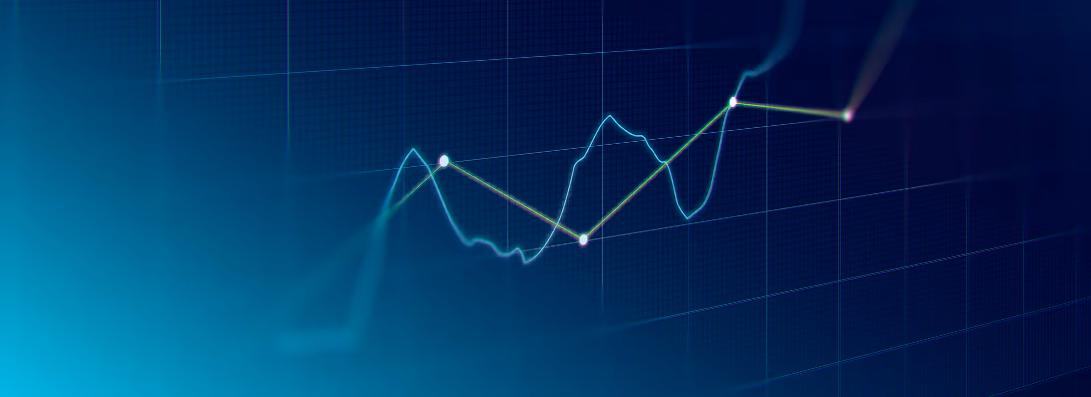 Blue glowing digital financial chart with fluctuating lines and highlighted data points on a grid background.