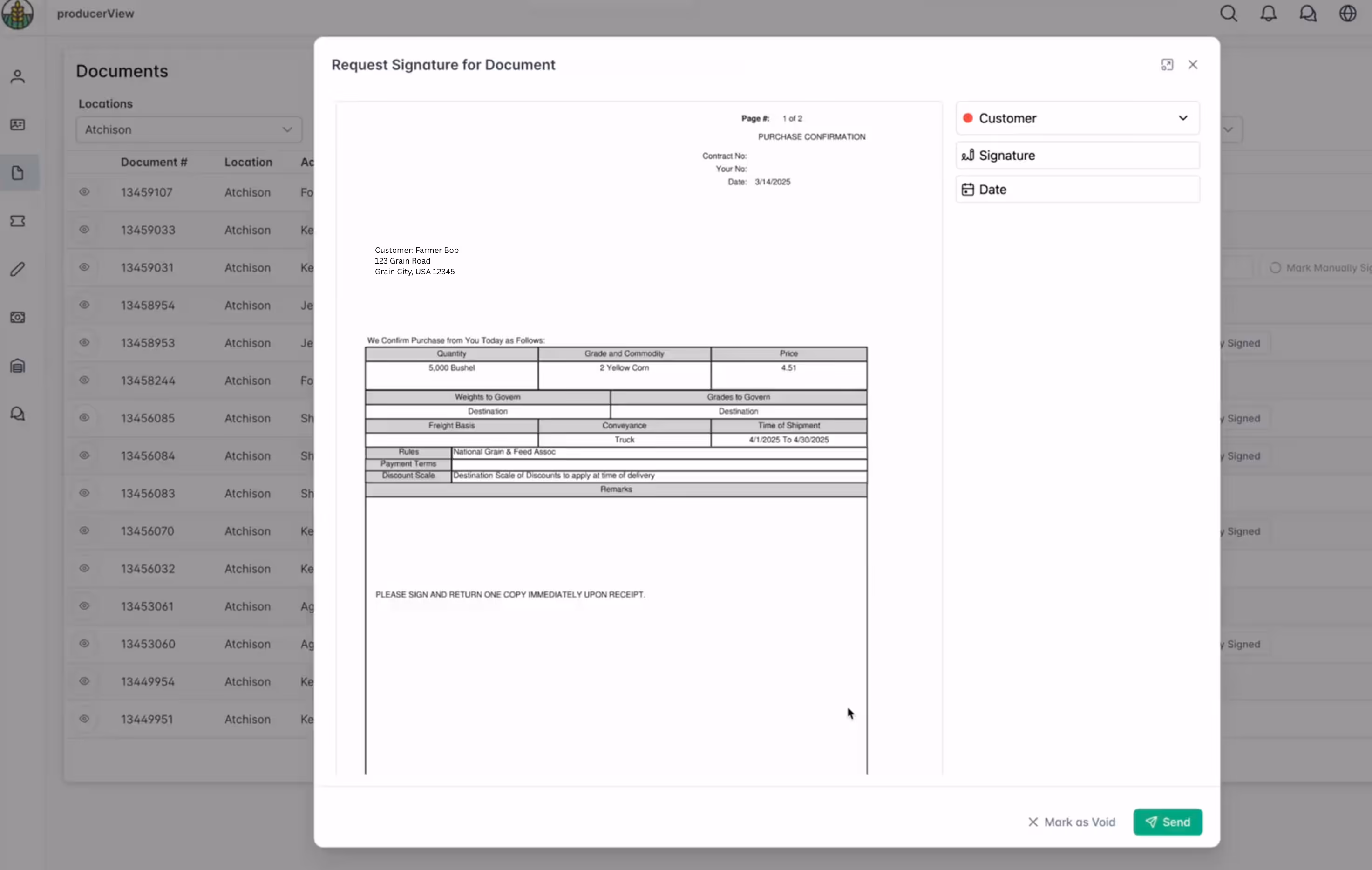Digital interface showing a 'Request Signature for Document' popup with a purchase confirmation document detailing a sale of 5,000 bushels of yellow corn at $4.51 each to Farmer Bob, including shipment and payment details, and fields to select customer, signature, and date.