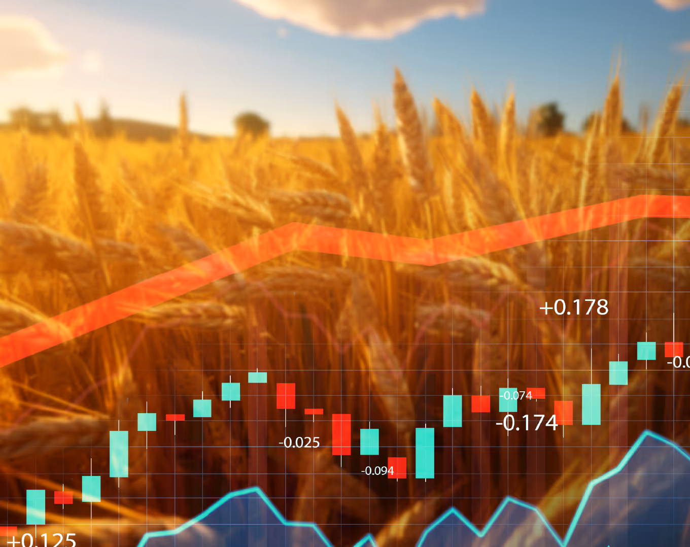Wheat field with overlaid financial trading candlestick and line charts.