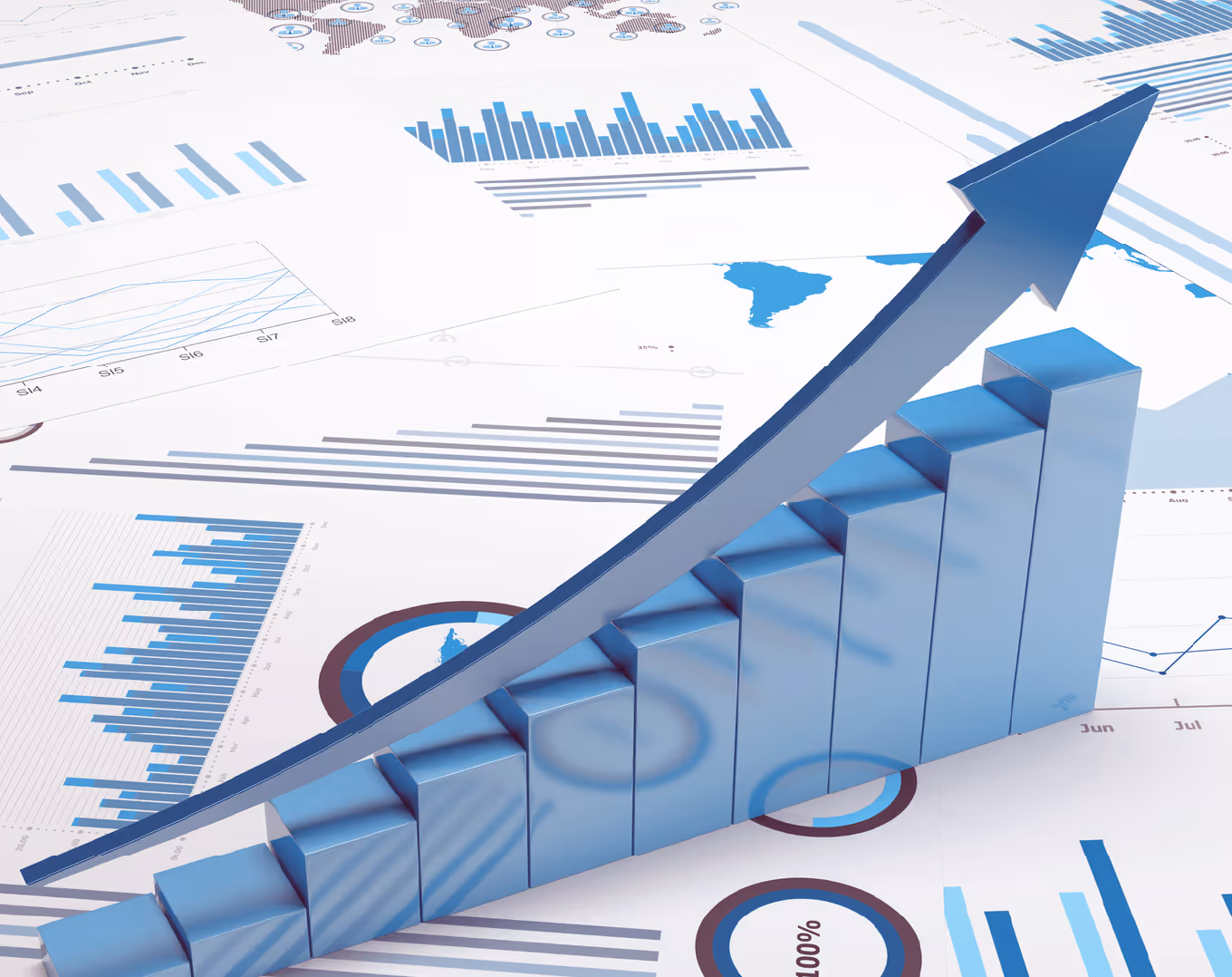 3D blue bar chart with an upward arrow indicating growth, displayed over various financial charts and graphs.